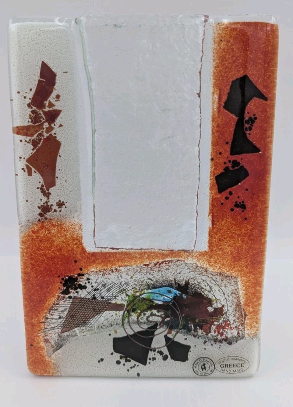 Art Glass Flat Bud Vase Anactacia Greece Hand Made Abstract Modern 9"H